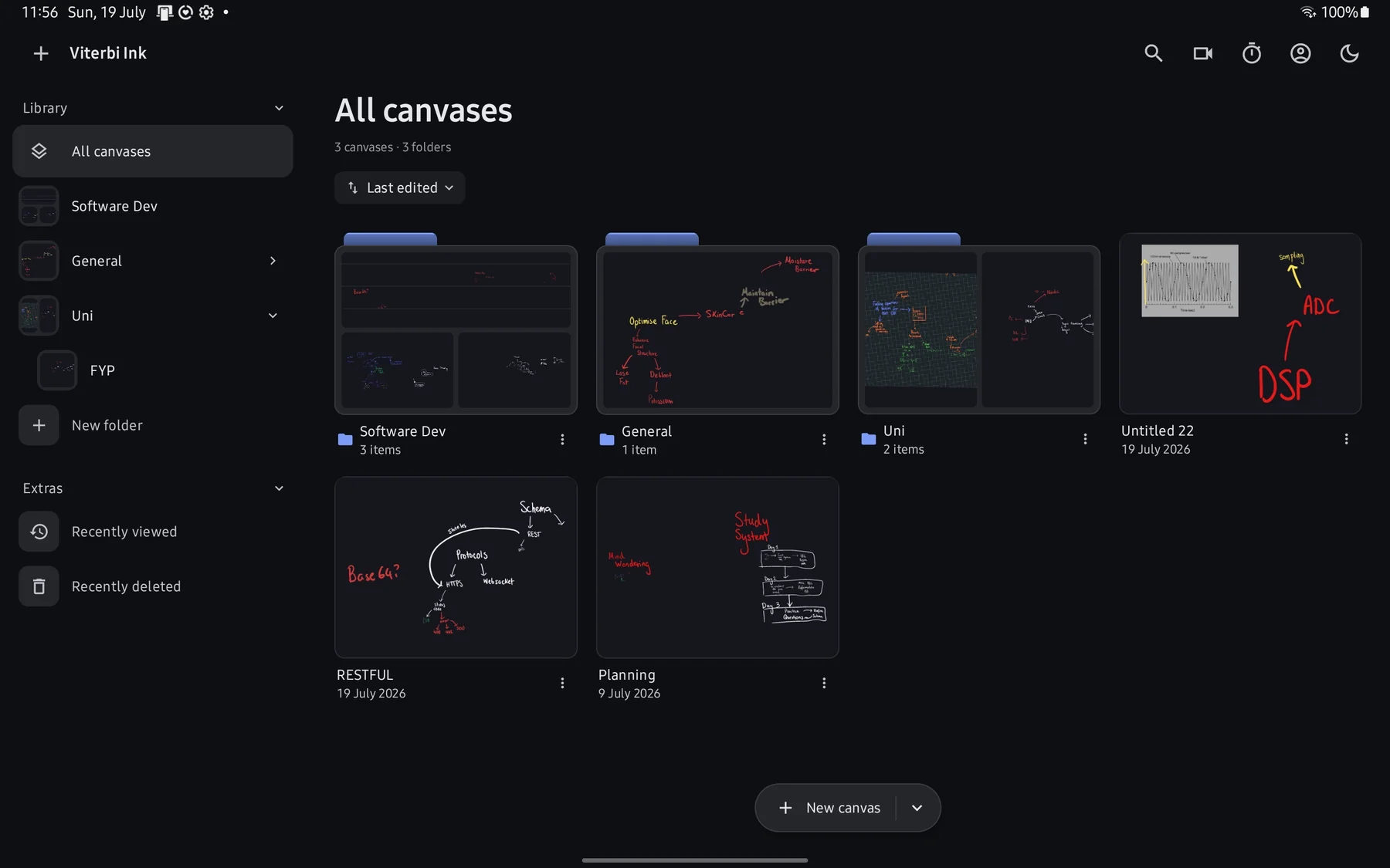 The Viterbi Ink canvas library on a tablet: folders of handwritten canvases and notes on a dark canvas.