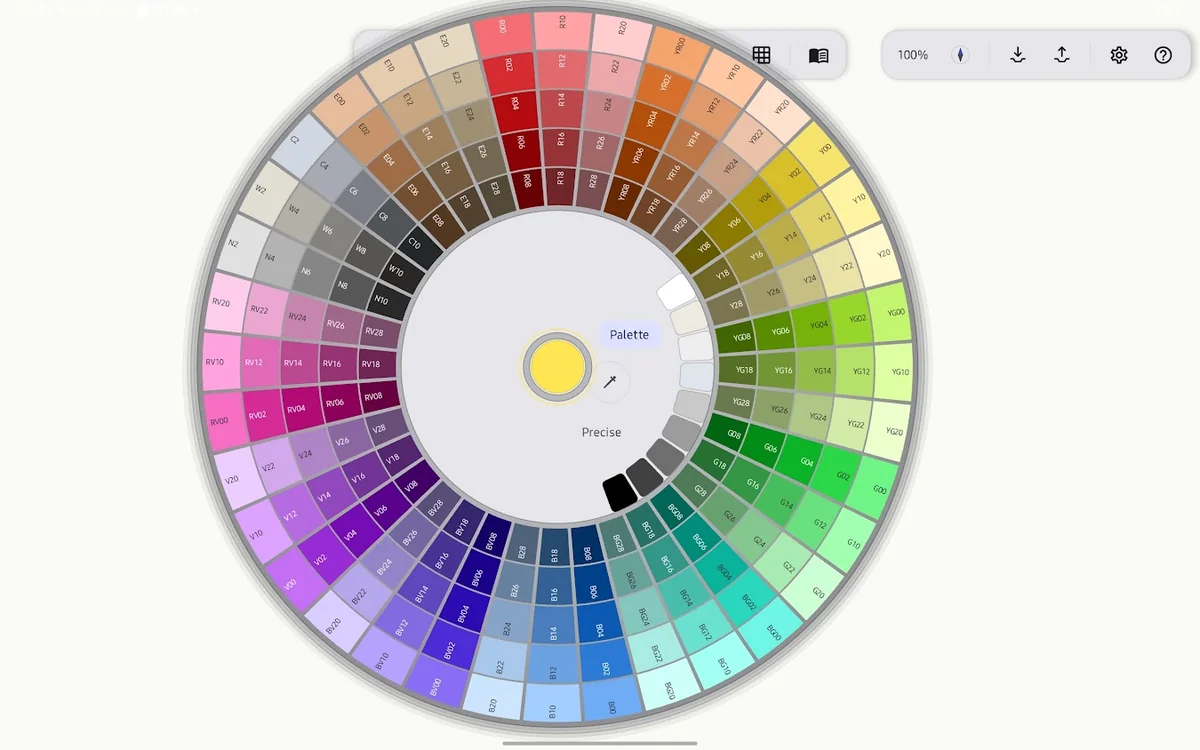 Viterbi Ink's Copic-style colour wheel, with Palette and Precise modes.